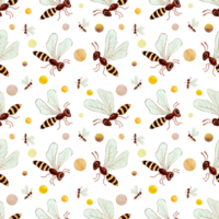 Watercolor painting pattern of bee and honey drops. Seamless repeating honey print. Beekeeping endless background, texture. Isolated. Drawn by hand. png