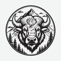 Mountain Bison Logo, Majestic Black and White Line Art vector