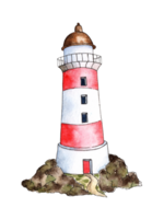 Watercolor illustration of a lighthouse with red and white stripes stands on the rocks. Guide for sailors, assistance in sailing. Isolated. Drawn by hand. png