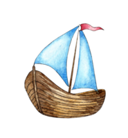 Watercolor illustration of a white sailing ship with a red flag. Sea voyage by boat, summer vacation and sailing regatta marine image. Isolated. Drawn by hand. png