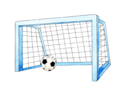 Aquarell Abbildungen von Fußball Tor und Ball. Sport Ausrüstung, Hantel, Querlatte, Netz. Fußball Meisterschaft Tore und kostenlos Tritte. isoliert. gezeichnet durch Hand. png