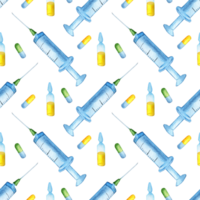 Watercolor painting pattern syringe and medicine. Medical vaccination and immunization, beauty injection tools seamless pattern ampoules, talbet and disposable syringes isolated png