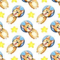 Watercolor illustration of a corgi pattern in space and stars. Seamless repeating pattern of astronaut dogs. Puppy in a spacesuit. Space adventure. Isolated . Drawn by hand. png