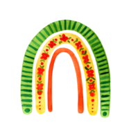 aguarela pintura fofa infantil arco Iris com flores verde, amarelo, vermelho rabisco clima. bebê poster, bebê chuveiro ou bebê nascimento anúncio cartão modelo com Lugar, colocar para texto. isolado . desenhado à mão. png