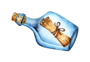 Watercolor illustration of a bottle with a message. A transparent vessel with a bundle inside. Request for help, sea mail. Isolated. Drawn by hand. png