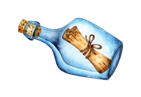 Watercolor illustration of a bottle with a message. A transparent vessel with a bundle inside. Request for help, sea mail. Isolated. Drawn by hand. png