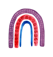 acquerello pittura carino infantile arcobaleno con fiori. viola, blu, rosso tempo metereologico scarabocchio. bambino manifesto, bambino doccia o bambino nascita annuncio carta modello con posto per testo. isolato png