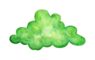 Watercolor painting green cloud doodle. Fantasy land, fabulous weather, a magical world. Children's print for design. Lush, cluby cloud. Isolated. Drawn by hand. png