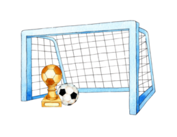 Set of watercolor illustrations of soccer goal, ball and cup. Sports equipment, barbell, crossbar, net. Football championship goals and free kicks. Isolated. Drawn by hand. png