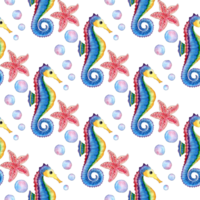 Watercolor illustration pattern of blue seahorse starfish and bubbles. Seamless repeating print of marine life. Ocean dwellers. Isolated. Drawn by hand. png