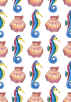 Pattern of watercolor illustration of scallop shell and seahorse. Seamless repeating print of marine life. Ocean dwellers. Sea bottom. Isolated. Drawn by hand. png