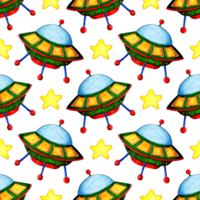 Watercolor painting pattern of flying saucer and stars. Hand drawn pencil space background for kids. Cartoon UFO. Isolated. Drawn by hand. png