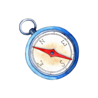 Watercolor illustration of a blue vintage compass with a red arrow. Device for sailors to determine the cardinal points. Sea voyage, cartography, geography. Isolated. Drawn by hand. png