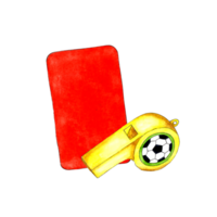 vattenfärg illustrationer av röd kort och vissla för sporter design. sporter Utrustning för bedömning. amerikan fotboll, basketboll och fotboll konkurrens symbol. isolerat png
