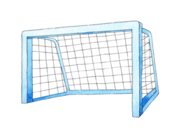 Aquarell Illustration von ein Fußball Ziel. Sport Ausrüstung, Hantel, Querlatte, Netz. Fußball Meisterschaft Tore und kostenlos Tritte. isoliert. gezeichnet durch Hand. png