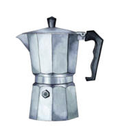 Coffee pot watercolor painting. Coffee bar or cafe logo. Coffee drink symbol. Coffee pot stove. Preparing hot drinks. Geyser coffee maker. Morning breakfast isolated. Drawn by hand. png