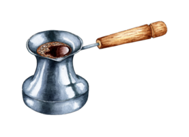 Aquarell Illustration von ein Metall Türke. Herstellung Kaffee im ein Türke. marokkanisch Kaffee. traditionell Türkisch Kaffee Herstellung Maschine. Türkisch Türke heiß trinken. Cafe Speisekarte isoliert png