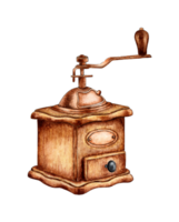 Watercolor painting classic vintage coffee grinder. Manual wooden coffee mill. Coffee mill logo. Cafe or restaurant menu decor. Isolated png