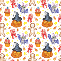 Halloween pattern watercolor illustration. Seamless repeating print pumpkin, bat, cookie, lollipop, stars, witch hat. All Saints' Day. Isolated png