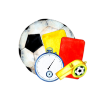 Watercolor illustrations of soccer ball, whistle, referee cards and stopwatch. Sports paraphernalia of the judge. Competitions for the world championship in sports. Isolated. hand-drawn. png