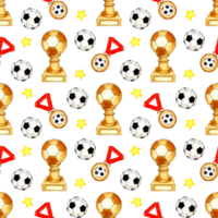 Watercolor illustration pattern of soccer ball, cups, medals and stars. Seamless sports repeating print suitable for wallpapers, covers, wrappers, packaging, fabrics. Isolated png