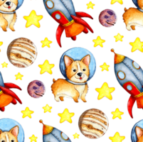 Watercolor illustrations of corgi pattern in space, planets, rockets and stars. Seamless repeating pattern of astronaut dogs. Puppy in a spacesuit. Isolated. Drawn by hand. png