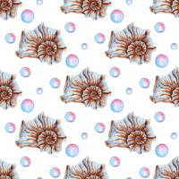 Watercolor illustration of seamless seashells with bubbles in beige and blue colors. Endlessly repeating marine background. Scallops, shellfish and spirals. Isolated. Drawn by hand. png