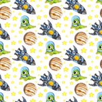 Watercolor illustration pattern alien in a spacesuit in space, stars, planets, rocket. Adventures of a cartoon alien. Seamless repeating space pattern. Isolated. Drawn by hand. png