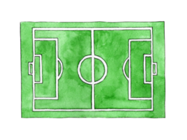 Watercolor illustration of a soccer field sketch. Green grass stadium. Green texture with stripes and white lines, corner, fine, center. Football ground plan for training and championships. Soccer png