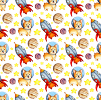 Watercolor illustration of a corgi pattern in space, planets, rocket and stars. Seamless repeating pattern of astronaut dogs. Puppy in a spacesuit. Isolated. Drawn by hand. png