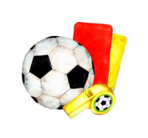 Watercolor illustration of soccer set ball, whistle and referee cards. Sports attributes. Competitions for the world championship in sports. Isolated. hand-drawn. png