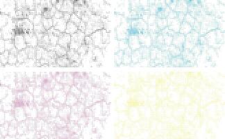 four different colored abstract grunge dot patterns, a set of four different colored lines dot effect, a colorful dot pattern won white background, cmyk dot effect set, vector