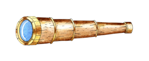 Watercolor illustration of a ship's navigation spyglass. Marine retro decorative element. Observation telescope. Pirate, sea adventure. Isolated. Hand-drawn. png