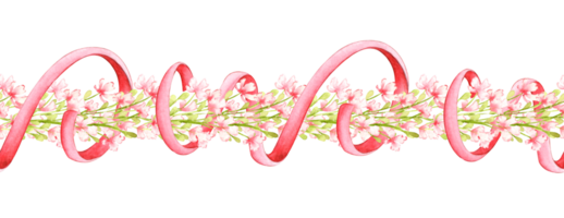Small pink flowers intertwined with red ribbon pattern watercolor illustration. The elegant design is ideal for borders, invitations, greeting cards and decorative projects, adding a touch of floral png