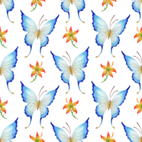 Watercolor illustration of blue butterfly and red flower pattern. Seamless repeating insect print with sick beautiful wings and lilies. Isolated. Hand-drawn. png