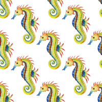 Watercolor illustration pattern of rainbow seahorse. Seamless repeating print of marine life. Ocean dwellers. Sea bottom. Isolated. Drawn by hand. png