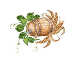 Wooden barrel with hops, ears of wheat for beer and other alcoholic drinks watercolor illustration. Isolated from the background. Suitable for interior design, menus, product packaging. png