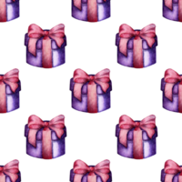 Watercolor illustration of a purple box with a pink bow. Holiday gifts, wrapped gift boxes, birthday, Christmas design elements. Isolated. Drawn by hand. png