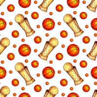 Watercolor illustration pattern of basketball ball and cup. Seamless sports repeating print suitable for wallpapers, covers, wrappers, packaging, fabrics. Isolated. Hand-drawn. png