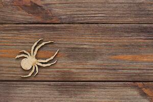 Wooden spider toy on a wooden background, Halloween concept photo