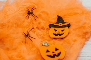 Toy Halloween Pumpkins with Felt and Faux Spider Web Festive Decor Party Accessories photo