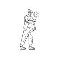 black and white isolated illustration of a man holding a magnifying glass for searching vector