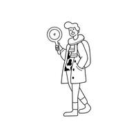 black and white isolated illustration of a man holding a magnifying glass for searching vector