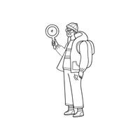 black and white isolated illustration of a man holding a magnifying glass for searching vector