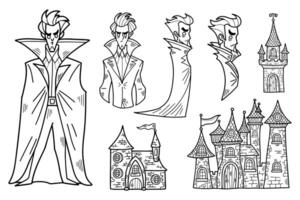 black and white illustration of vampire character set on background vector