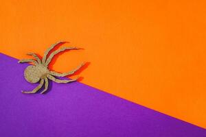 Wooden toy spider on orange and purple background Halloween concept photo