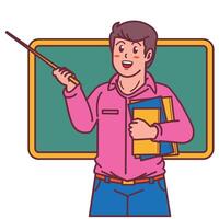 Cartoon male teacher carrying a book, and a blackboard behind him vector