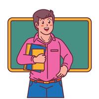 Cartoon male teacher carrying a book, and a blackboard behind him vector