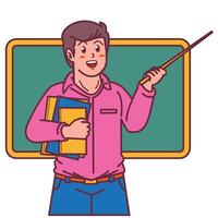 Cartoon male teacher carrying a book, and a blackboard behind him vector