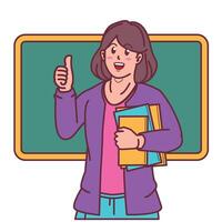 cartoon female teacher carrying books, and blackboard behind vector